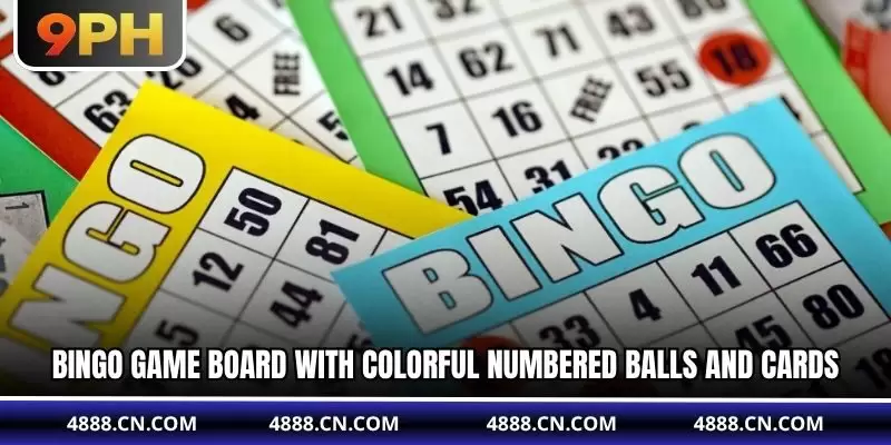 Bingo game board with colorful numbered balls and cards